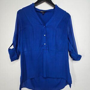 Express Royal Blue Flowy Roll Tab Henley Long Sleeve Top